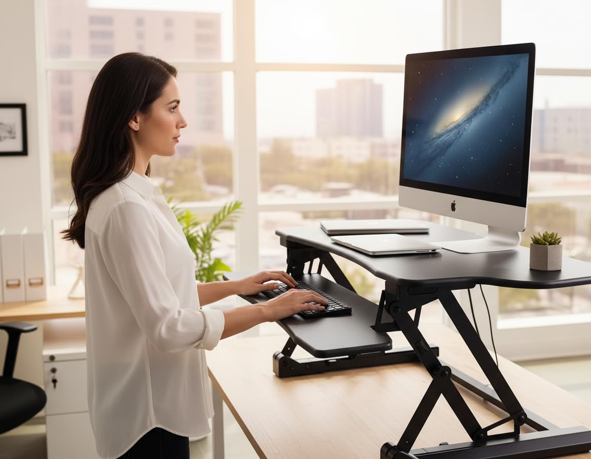 Electric Standing Desk Converter with Dual Monitor Setup