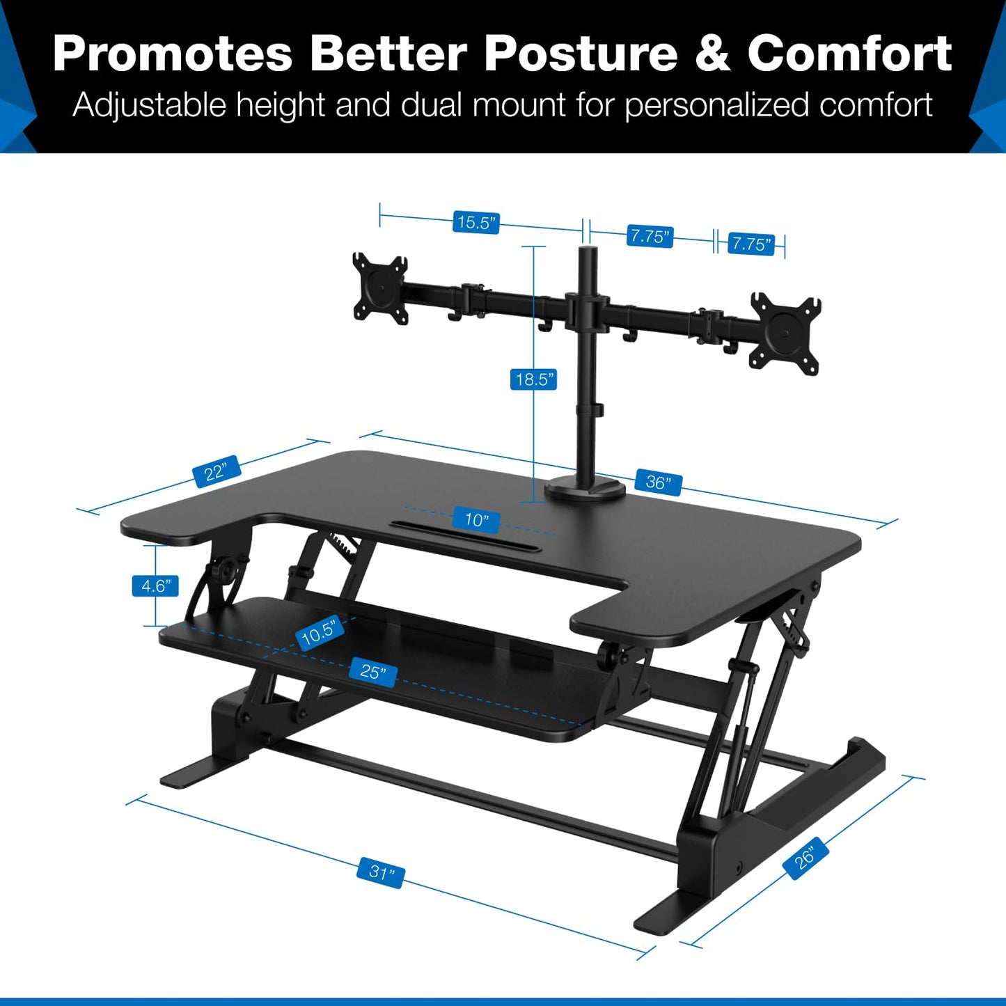 Dual Monitor Standing Desk Converter with Adjustable Lift