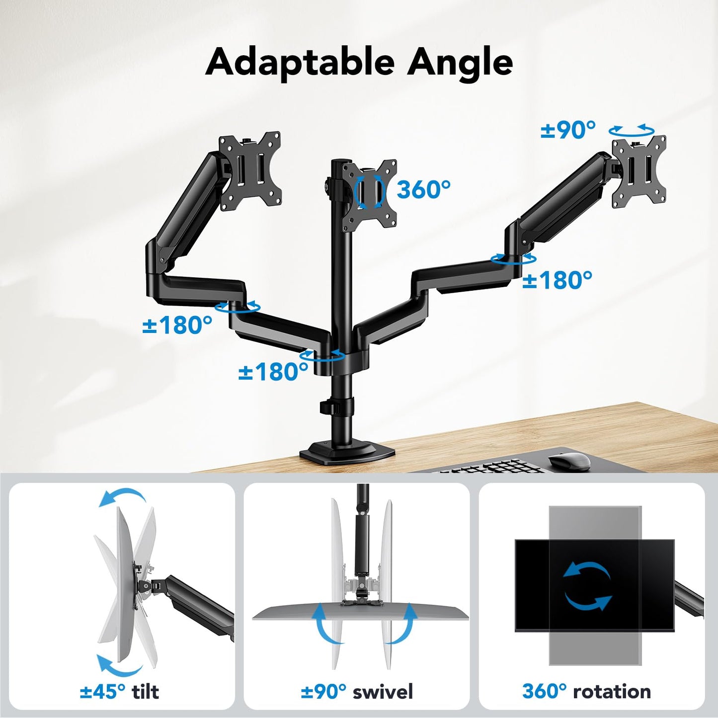 Triple Monitor Arm Desk Mount with Adjustable Stand