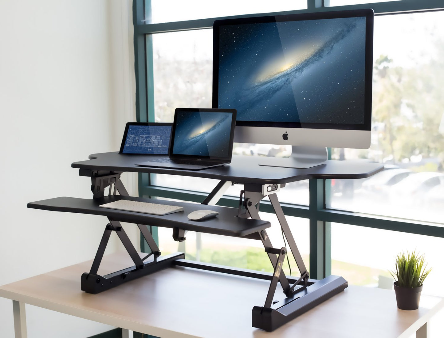 Electric Standing Desk Converter with Dual Monitor Setup