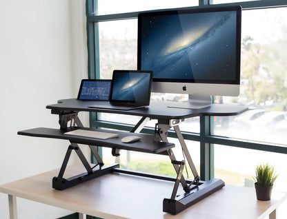 Electric Standing Desk Converter with Dual Monitor Setup