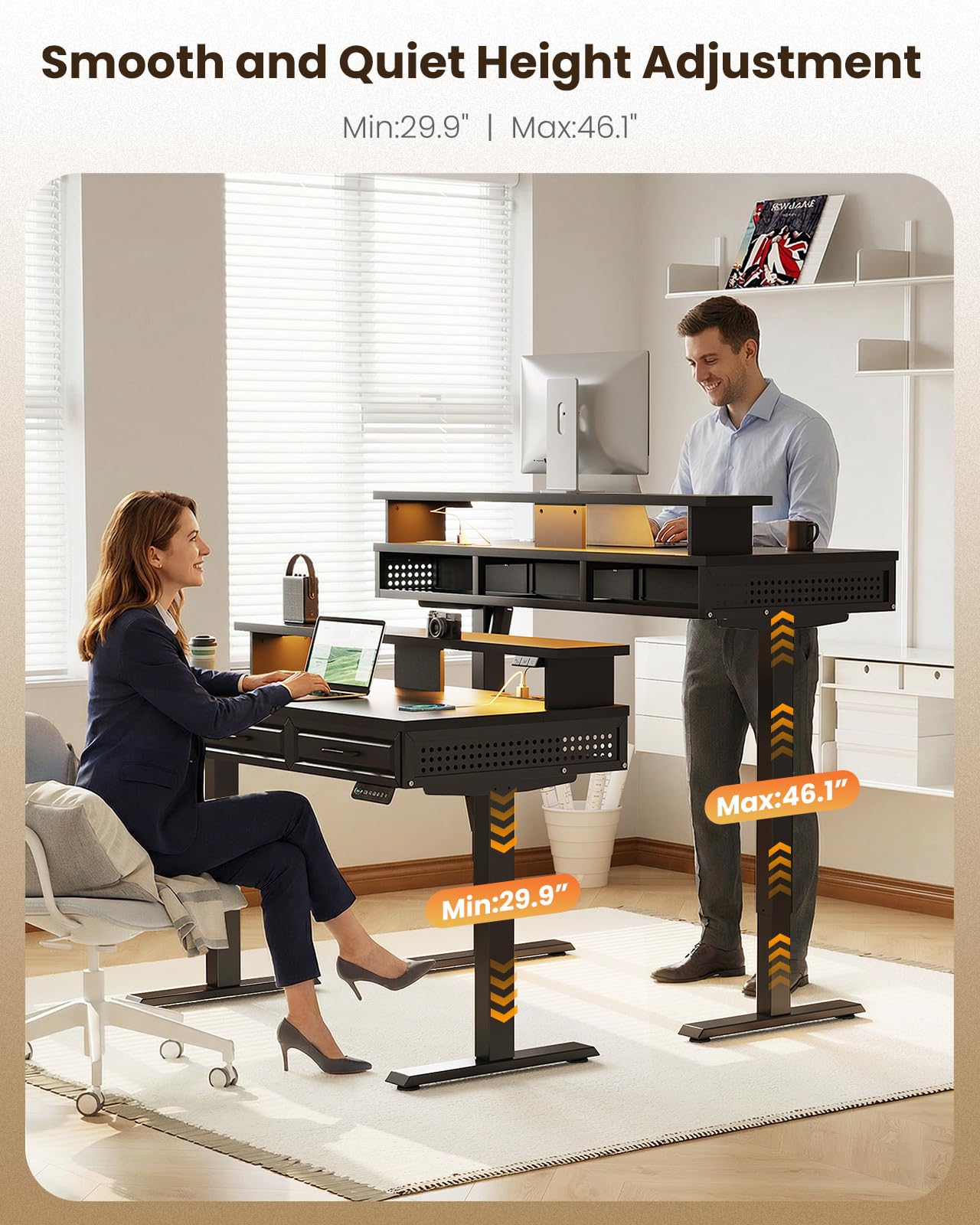 OffiGo Electric Standing Desk with Wooden Drawers
