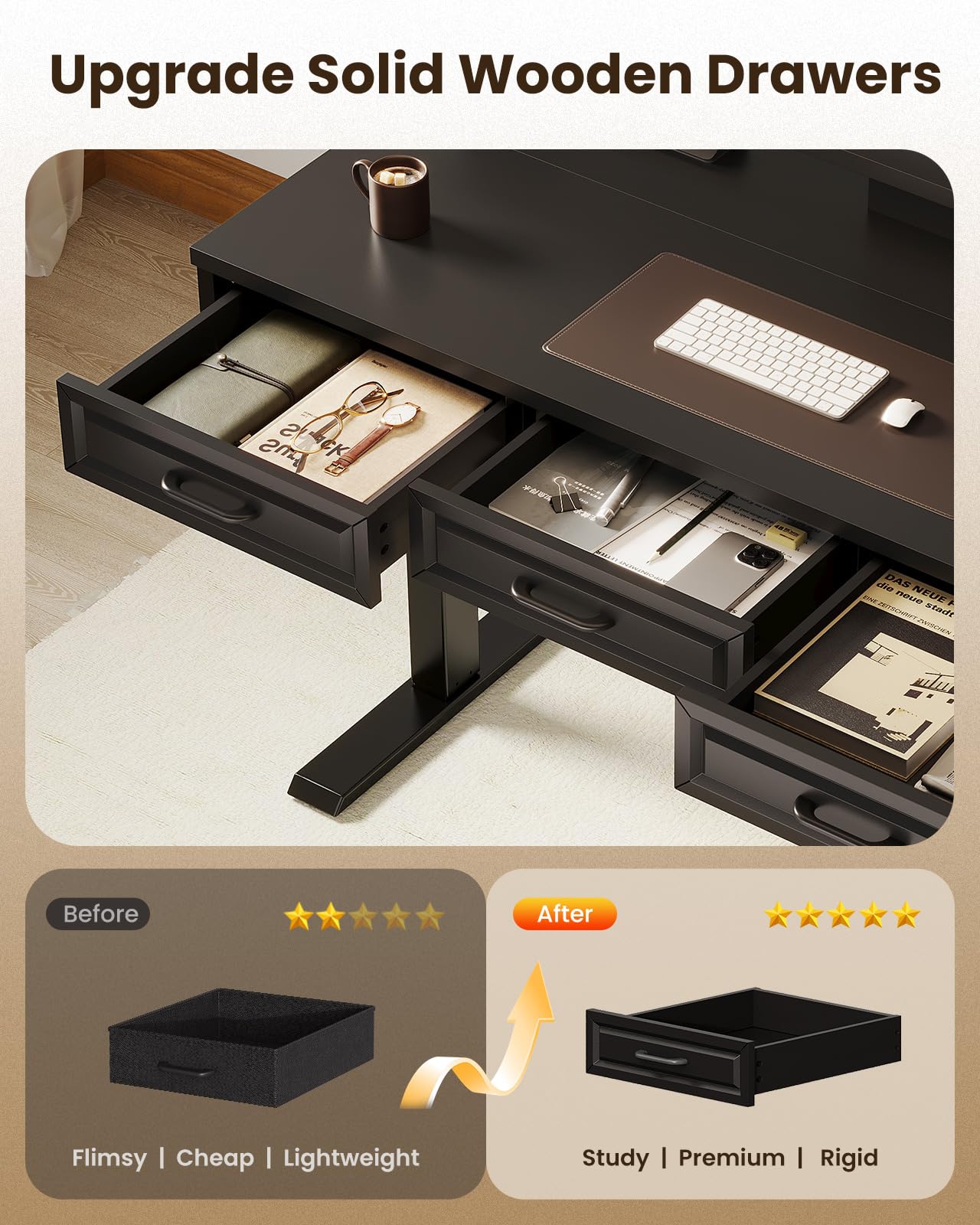 OffiGo Electric Standing Desk with Wooden Drawers