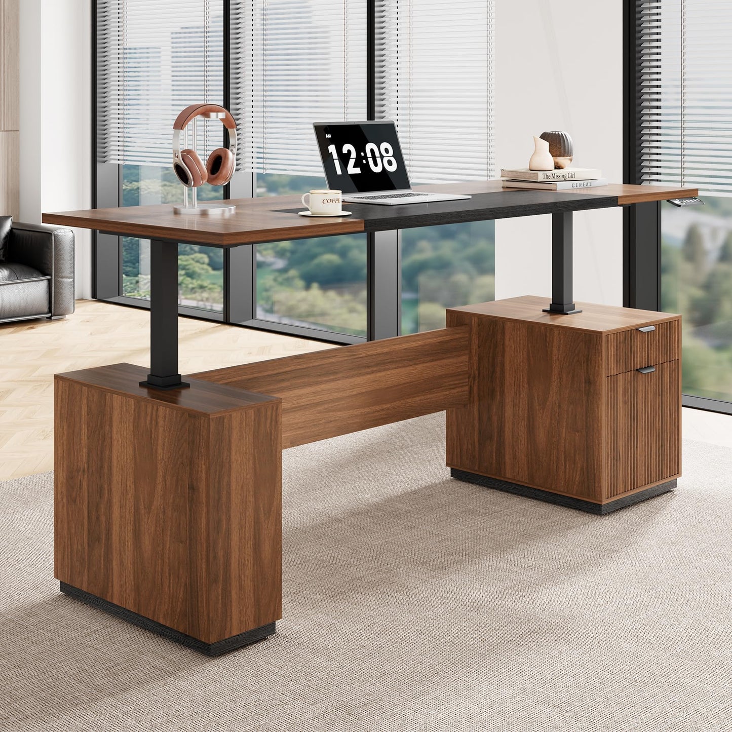 Electric Standing Desk with Storage Drawers and Cabinet